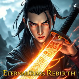A young Asian male cultivator with pale skin and long black hair tied in a ponytail, gazing fiercely with ember-colored eyes