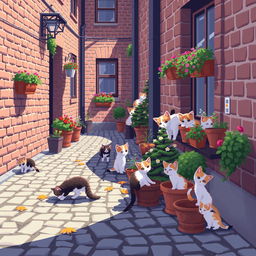 Pixel art of a cozy street in Russia with adorable, homeless kittens