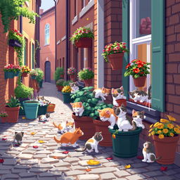 Pixel art of a cozy street in Russia with adorable, homeless kittens