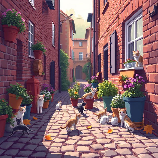 Pixel art of a cozy street in Russia with adorable, homeless kittens