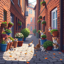 Pixel art of a cozy street in Russia with adorable, homeless kittens