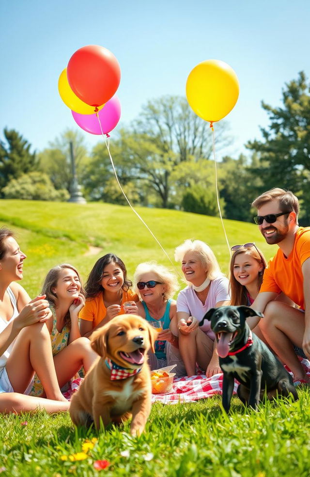 A vibrant scene depicting pure happiness, featuring a diverse group of smiling people enjoying a sunny day at a park