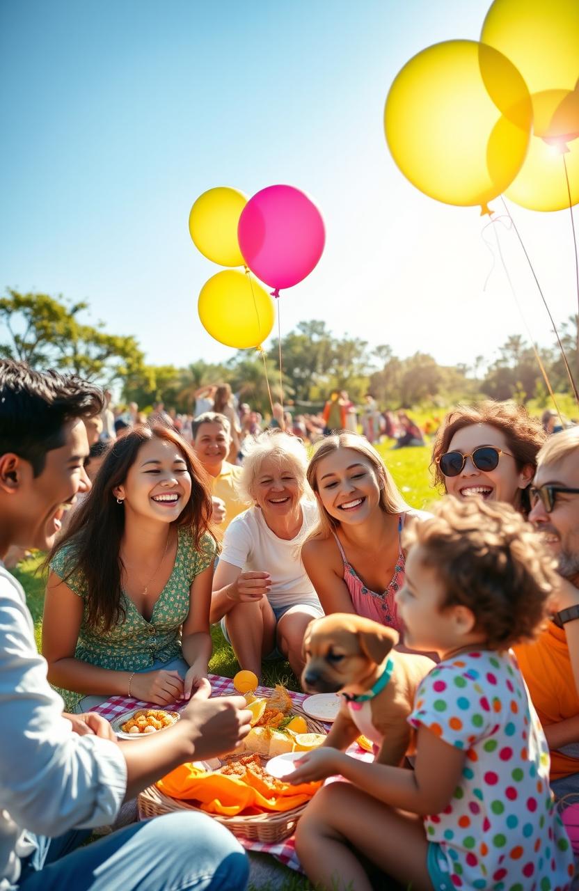 A vibrant scene depicting pure happiness, featuring a diverse group of smiling people enjoying a sunny day at a park