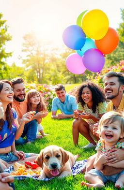 A vibrant scene depicting pure happiness, featuring a diverse group of smiling people enjoying a sunny day at a park