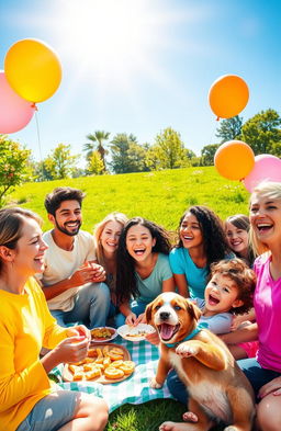 A vibrant scene depicting pure happiness, featuring a diverse group of smiling people enjoying a sunny day at a park