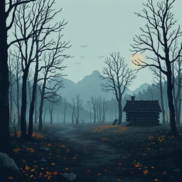 Pixel art scene depicting a melancholic Russian landscape, featuring a misty forest with bare trees, a dimly lit pathway, and distant mountains in shades of gray and blue