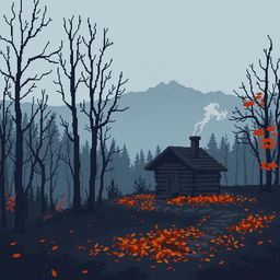 Pixel art scene depicting a melancholic Russian landscape, featuring a misty forest with bare trees, a dimly lit pathway, and distant mountains in shades of gray and blue