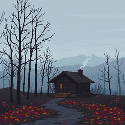Pixel art scene depicting a melancholic Russian landscape, featuring a misty forest with bare trees, a dimly lit pathway, and distant mountains in shades of gray and blue