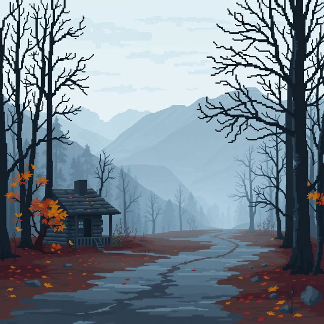 Pixel art scene depicting a melancholic Russian landscape, featuring a misty forest with bare trees, a dimly lit pathway, and distant mountains in shades of gray and blue