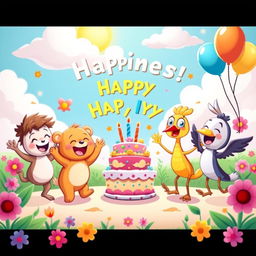 A cartoon scene showcasing happiness, featuring a group of colorful cartoon characters joyfully celebrating a festive occasion