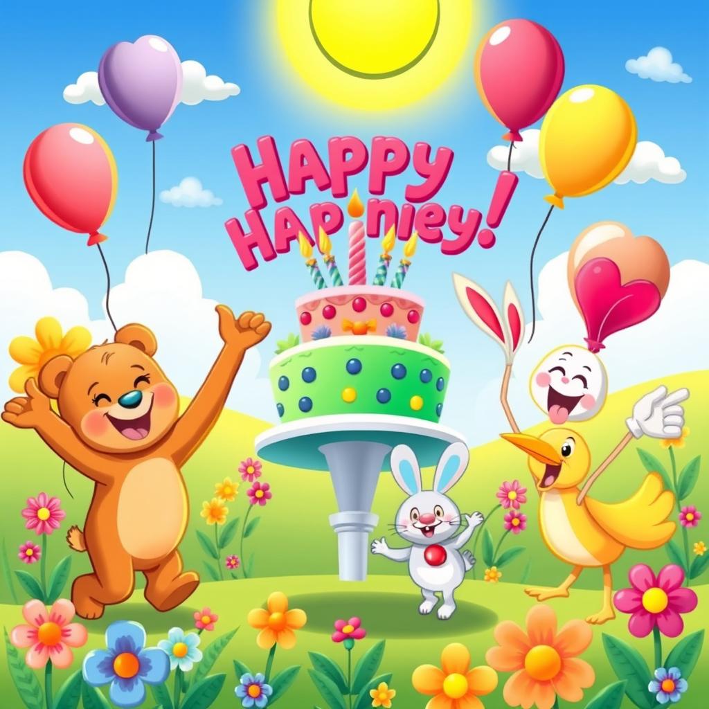 A cartoon scene showcasing happiness, featuring a group of colorful cartoon characters joyfully celebrating a festive occasion