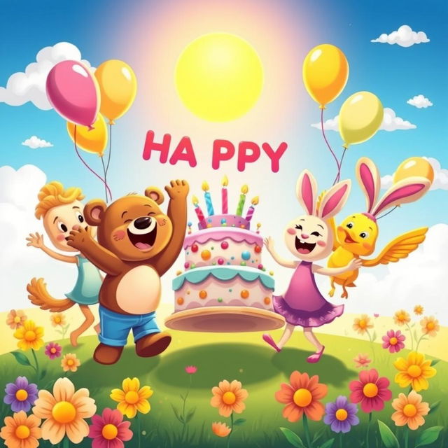 A cartoon scene showcasing happiness, featuring a group of colorful cartoon characters joyfully celebrating a festive occasion