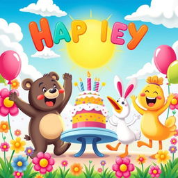 A cartoon scene showcasing happiness, featuring a group of colorful cartoon characters joyfully celebrating a festive occasion