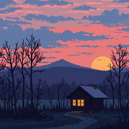 A pixel art scene depicting a melancholic view of a Russian landscape
