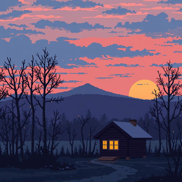 A pixel art scene depicting a melancholic view of a Russian landscape