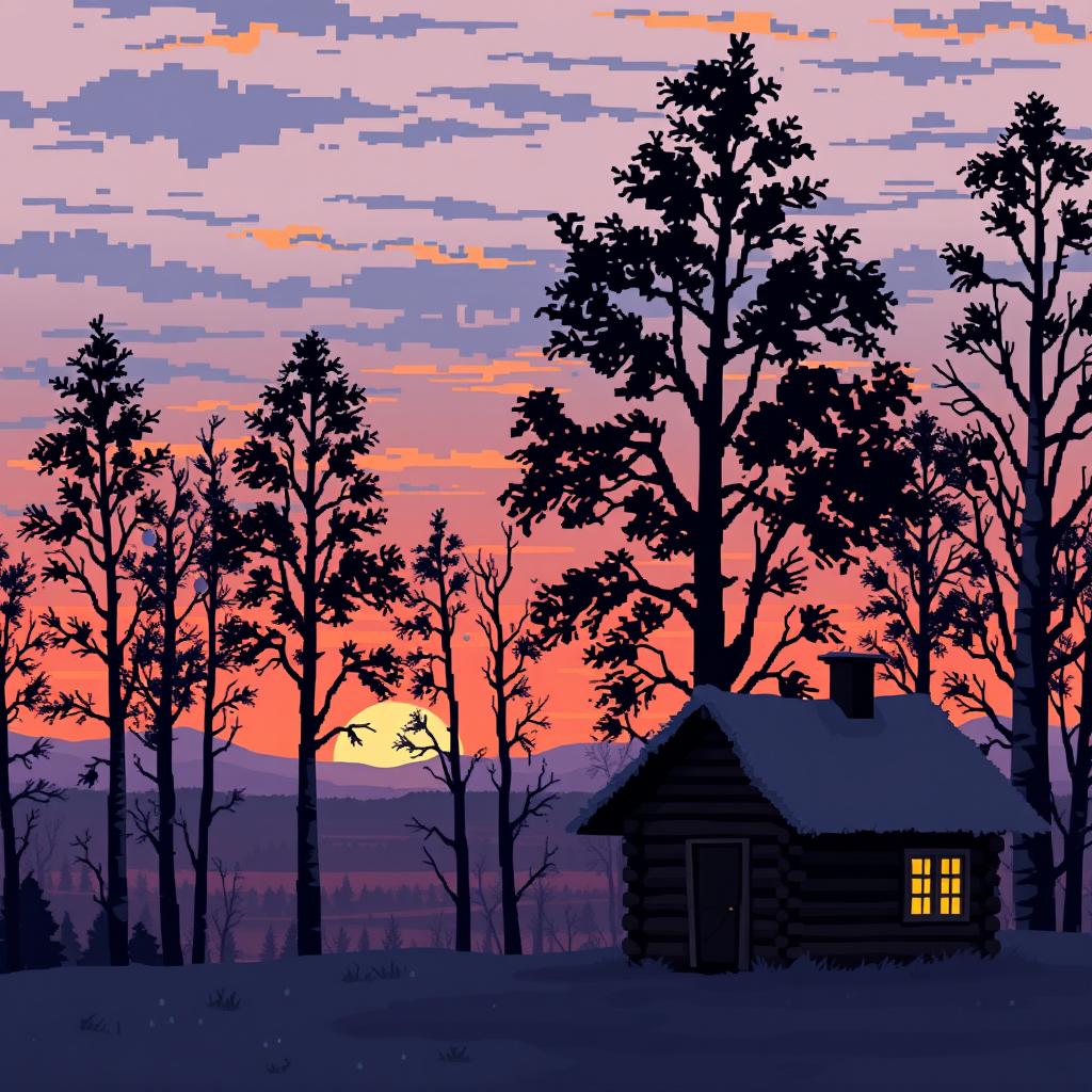 A pixel art scene depicting a melancholic view of a Russian landscape