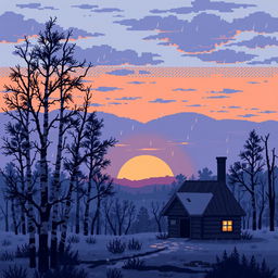 A pixel art scene depicting a melancholic view of a Russian landscape
