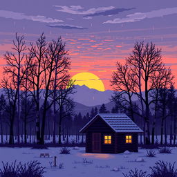 A pixel art scene depicting a melancholic view of a Russian landscape
