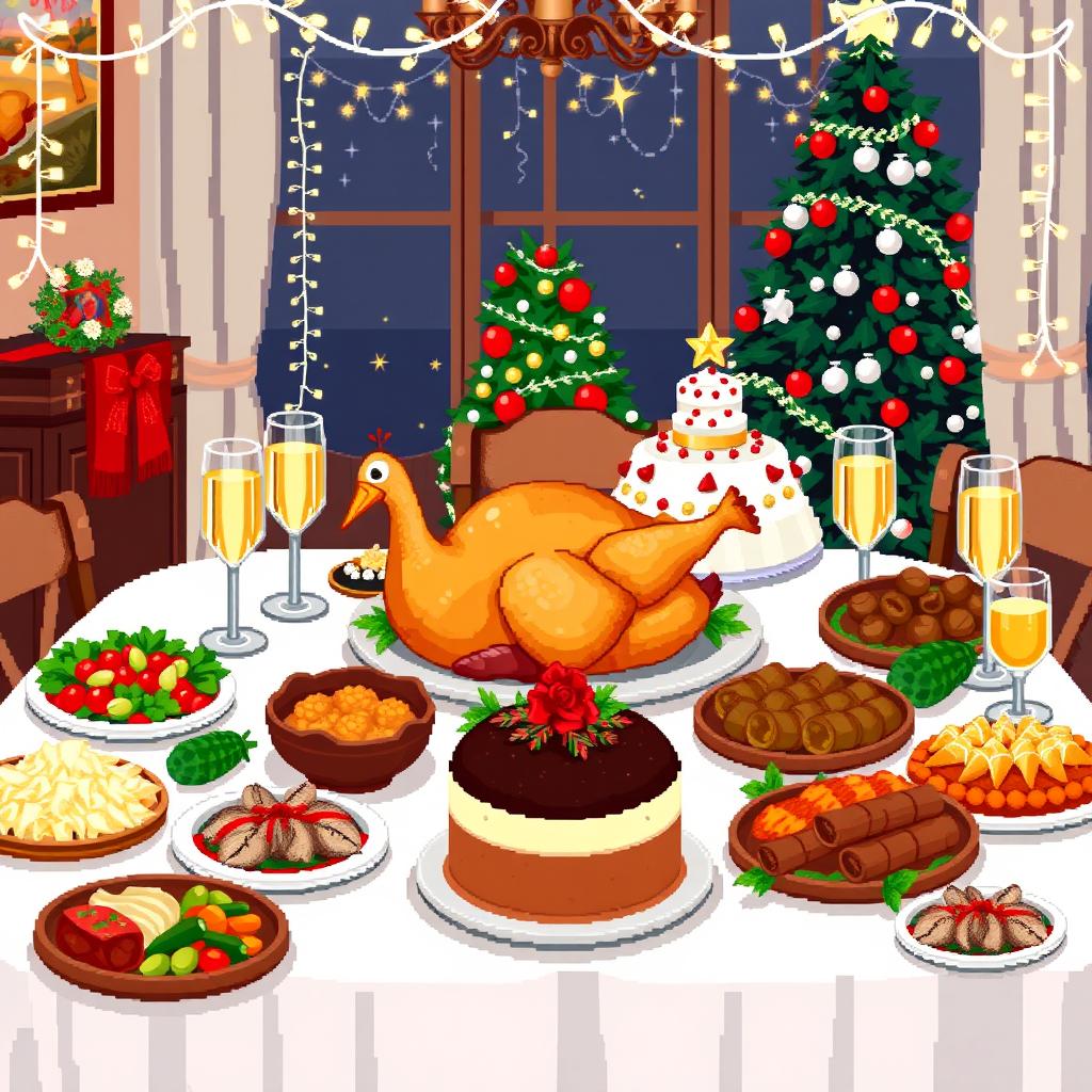 Pixel art illustration of a festive Russian New Year's table filled with traditional holiday dishes