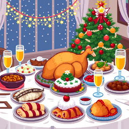 Pixel art illustration of a festive Russian New Year's table filled with traditional holiday dishes