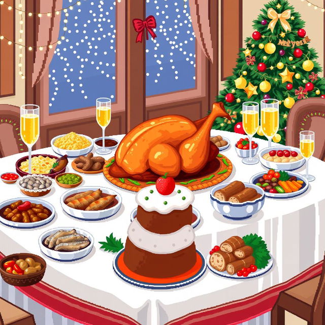 Pixel art illustration of a festive Russian New Year's table filled with traditional holiday dishes