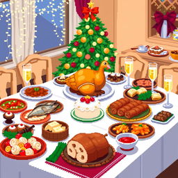 Pixel art illustration of a festive Russian New Year's table filled with traditional holiday dishes