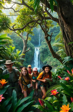 A thrilling expedition scene in a lush, dense jungle, showcasing a diverse team of adventurers navigating through thick foliage