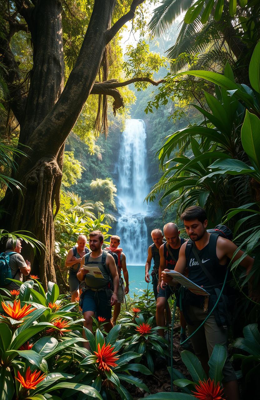 A thrilling expedition scene in a lush, dense jungle, showcasing a diverse team of adventurers navigating through thick foliage