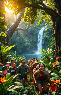 A thrilling expedition scene in a lush, dense jungle, showcasing a diverse team of adventurers navigating through thick foliage