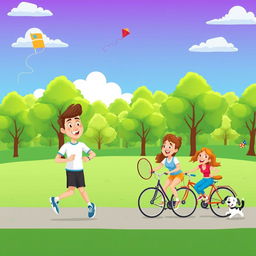 A cartoon illustration of happy people engaging in various sports activities