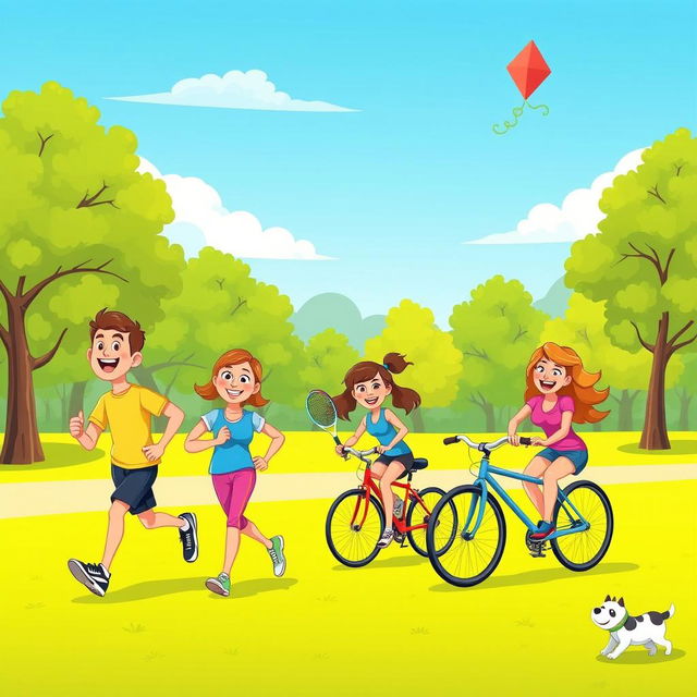 A cartoon illustration of happy people engaging in various sports activities