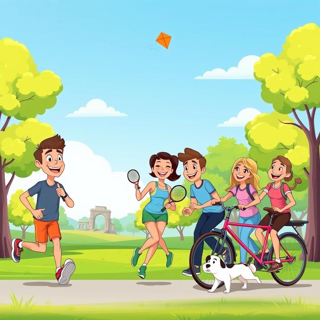 A cartoon illustration of happy people engaging in various sports activities