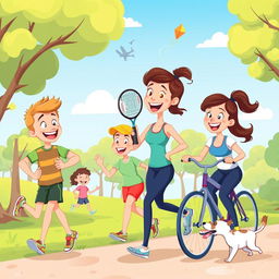 A cartoon illustration of happy people engaging in various sports activities