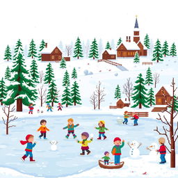 A pixel art scene depicting a cheerful winter in Russia, showcasing various winter activities such as ice skating on a frozen lake, children playing with snowballs, and families building snowmen