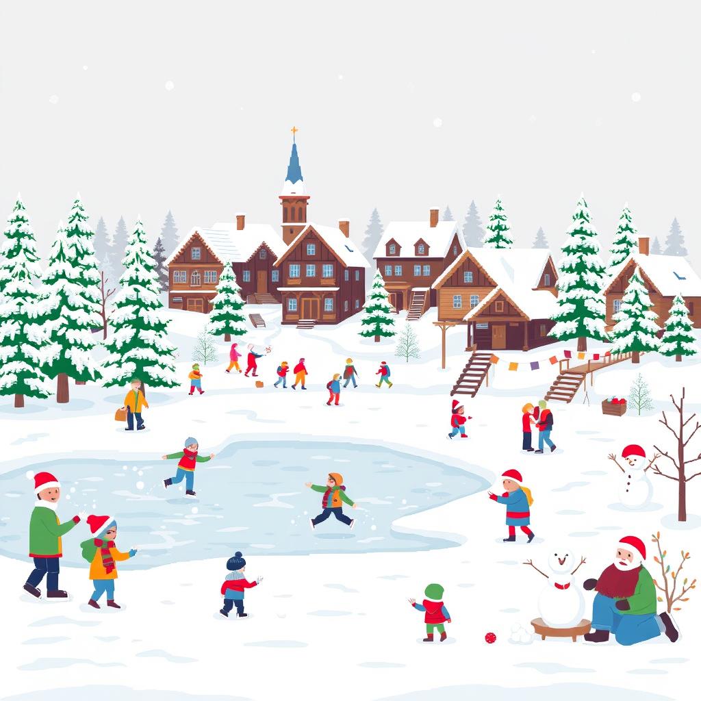 A pixel art scene depicting a cheerful winter in Russia, showcasing various winter activities such as ice skating on a frozen lake, children playing with snowballs, and families building snowmen