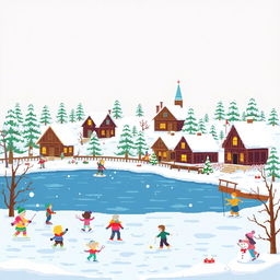 A pixel art scene depicting a cheerful winter in Russia, showcasing various winter activities such as ice skating on a frozen lake, children playing with snowballs, and families building snowmen