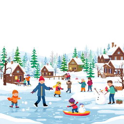 A pixel art scene depicting a cheerful winter in Russia, showcasing various winter activities such as ice skating on a frozen lake, children playing with snowballs, and families building snowmen