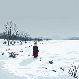 A pixel art scene depicting a melancholic atmosphere in a Russian landscape