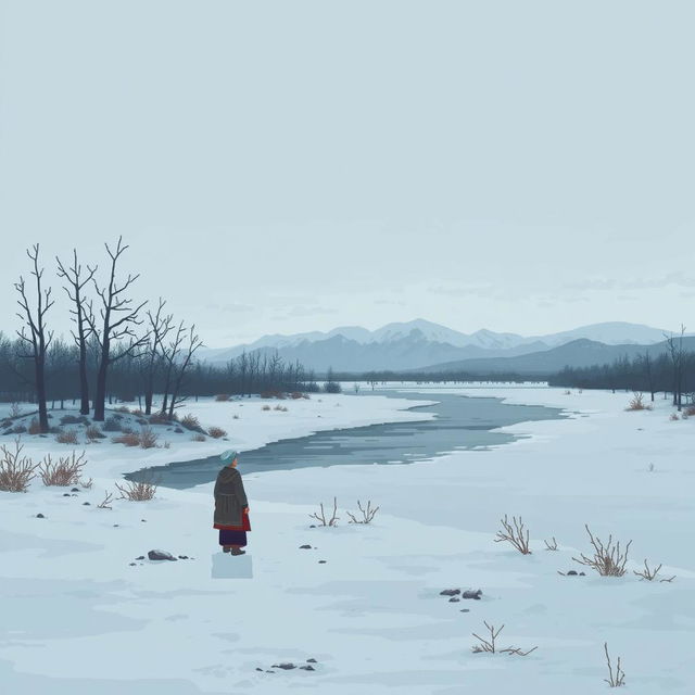 A pixel art scene depicting a melancholic atmosphere in a Russian landscape