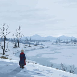 A pixel art scene depicting a melancholic atmosphere in a Russian landscape