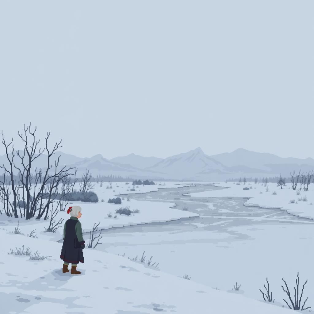 A pixel art scene depicting a melancholic atmosphere in a Russian landscape