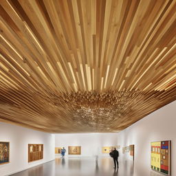 Design an art museum exhibition area filled with diverse display objects and artifacts. Noteworthy feature is a meticulously crafted wooden ceiling design that lends warmth and texture to the space.