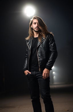 A tall man standing under a glowing street light at night, showcasing his long flowing hair that catches the light beautifully