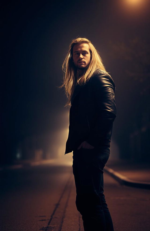 A tall man standing under a glowing street light at night, showcasing his long flowing hair that catches the light beautifully