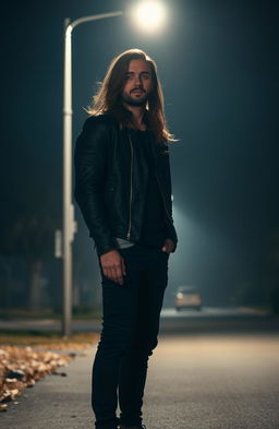A tall man standing under a glowing street light at night, showcasing his long flowing hair that catches the light beautifully