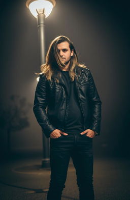 A tall man standing under a glowing street light at night, showcasing his long flowing hair that catches the light beautifully