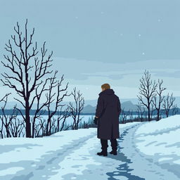 A pixel art representation of a somber scene in Russia, featuring a winter landscape with bare trees and a cold, overcast sky