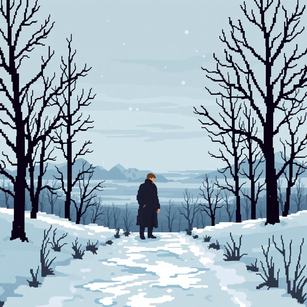 A pixel art representation of a somber scene in Russia, featuring a winter landscape with bare trees and a cold, overcast sky