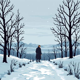 A pixel art representation of a somber scene in Russia, featuring a winter landscape with bare trees and a cold, overcast sky