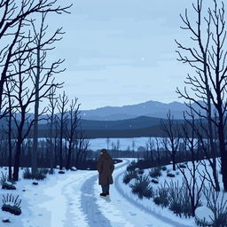 A pixel art representation of a somber scene in Russia, featuring a winter landscape with bare trees and a cold, overcast sky